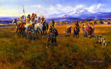Lewis y Clark llegan al campamento shoshone dirigido por sacajawea la mujer pájaro 1918 Charles Marion Russell Indios Americanos Pinturas al óleo